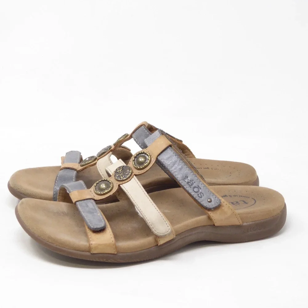Taos Prize 4 Womens Sandals Brown Blue Leather Strappy Medallion 8